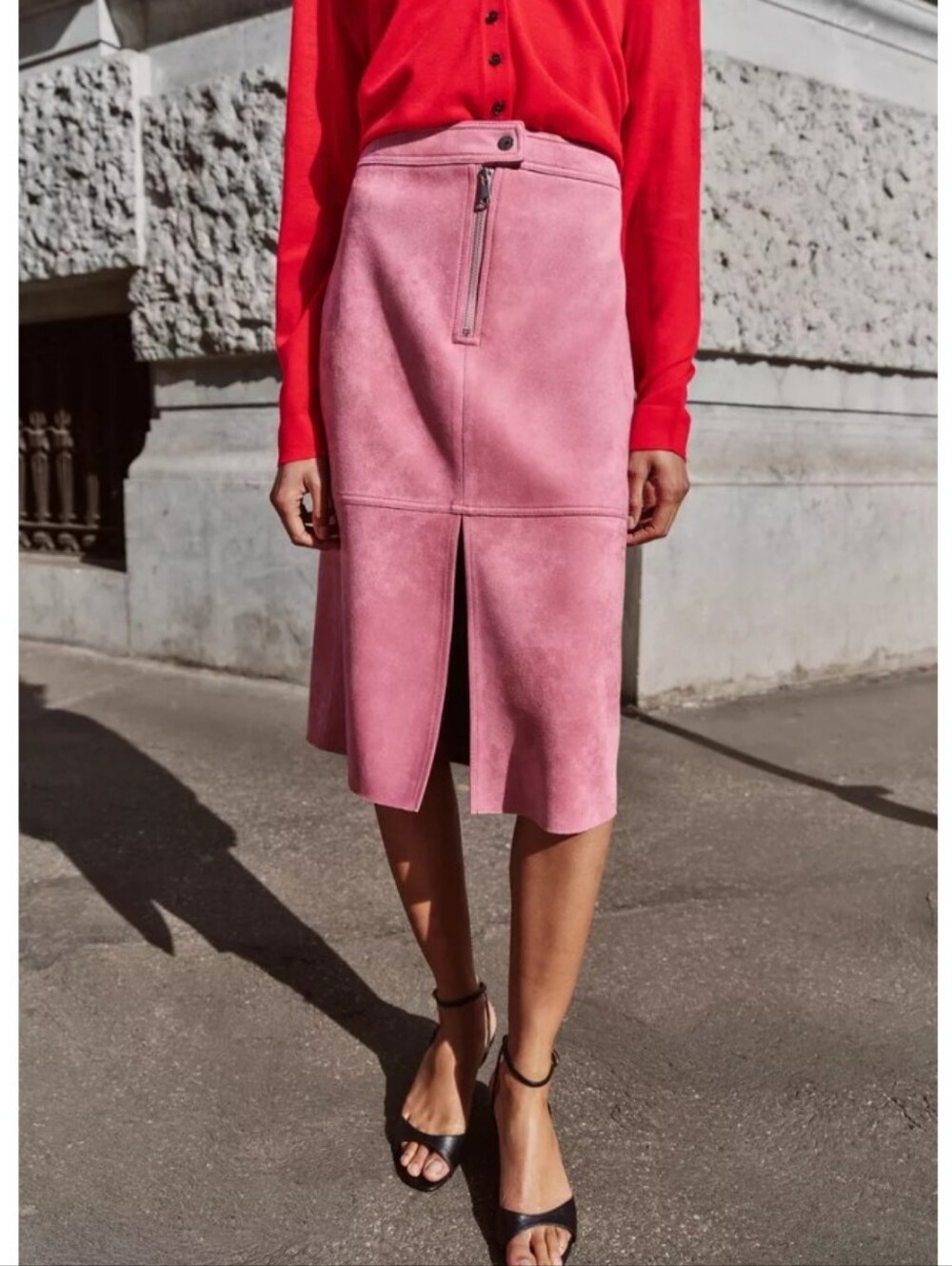 Zara Pink Faux Suede Midi Skirt with Front Slit And Front Zip Detail
